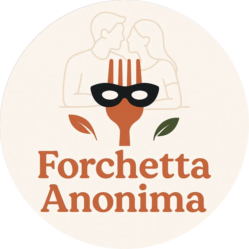 Logo Forchetta Anonima: una forchetta terracotta con la maschera